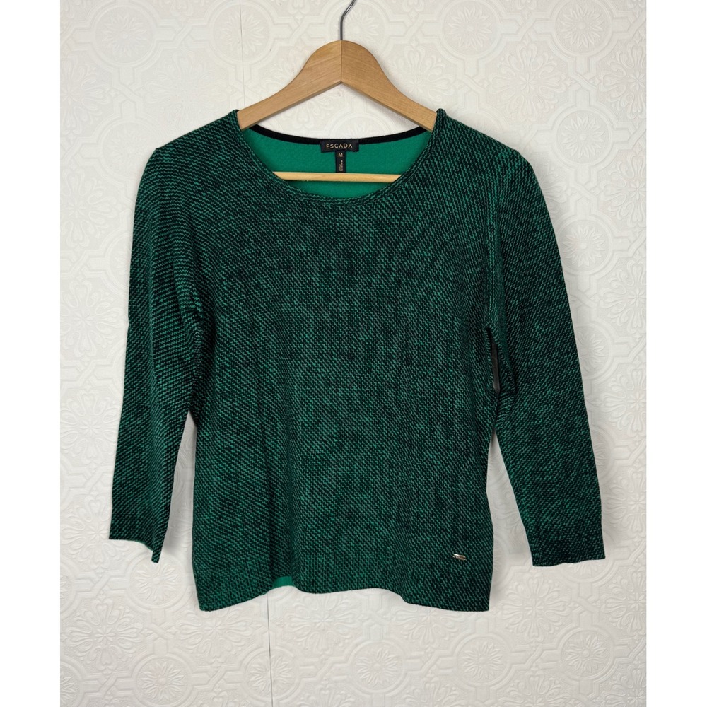 Escada Fantasy Emerald‎ Green Black Medium Wool Silk Crew Neck Sweater Italian